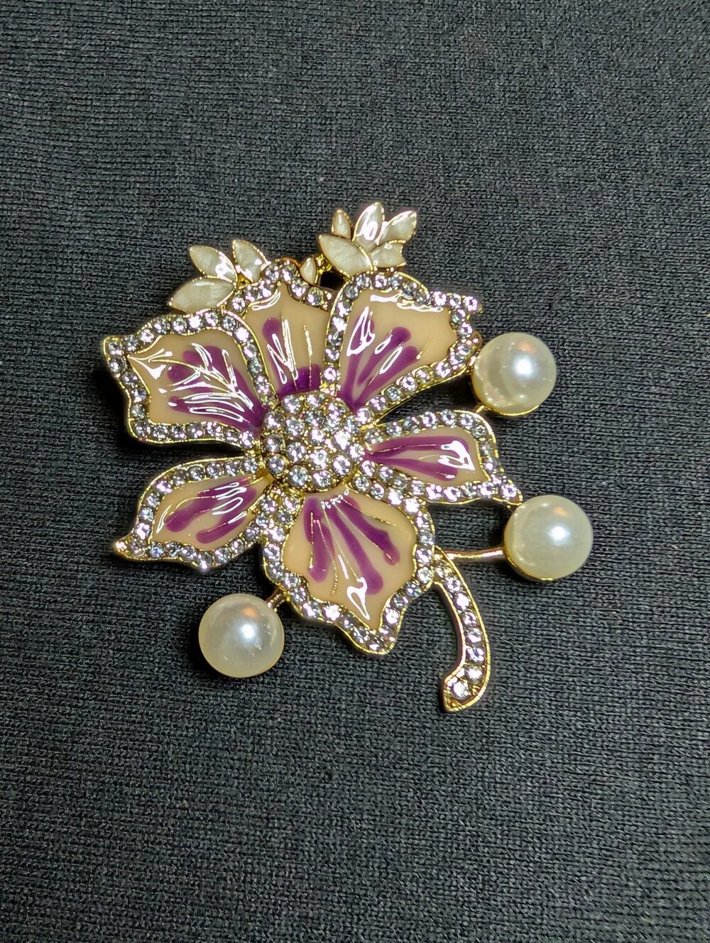 Floral Pearl Accent Brooch - Gold Tone Purple & Cream Enamel